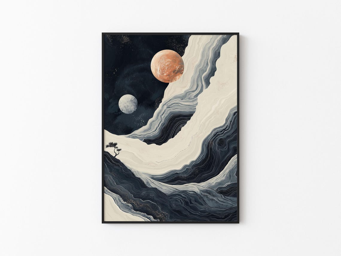 Rust Orange Moon White Moon Monochrome Wave Mountain Night Sky Poster