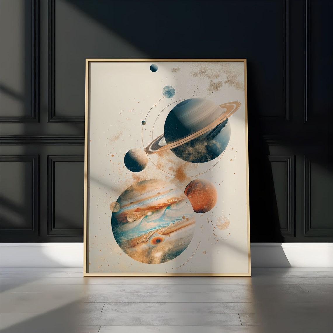 Ringed Planet Jupiter Watercolor Planets Gold Orbit Cream Art Poster - Image 3