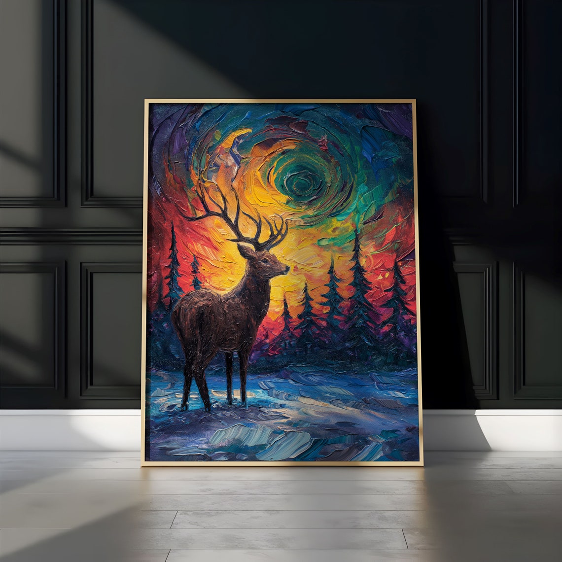 Majestic Stag Beneath Swirling Rainbow Aurora Winter Sky Poster - Image 2