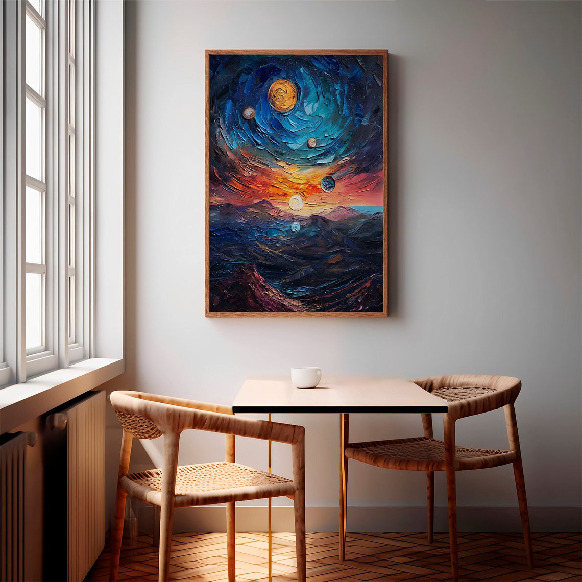 Blue Spiral Galaxy Orange Sun Ocean Waves Impasto Art Poster - Image 3