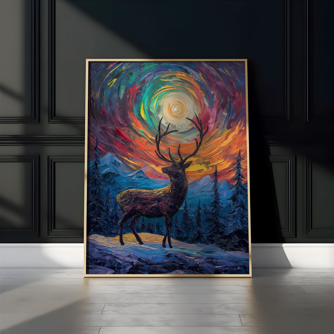 Aurora Borealis Wilderness Northern Lights Instant Art Poster Polar Deer Versatile Sizes Colorful Impasto Print 2 - Image 2