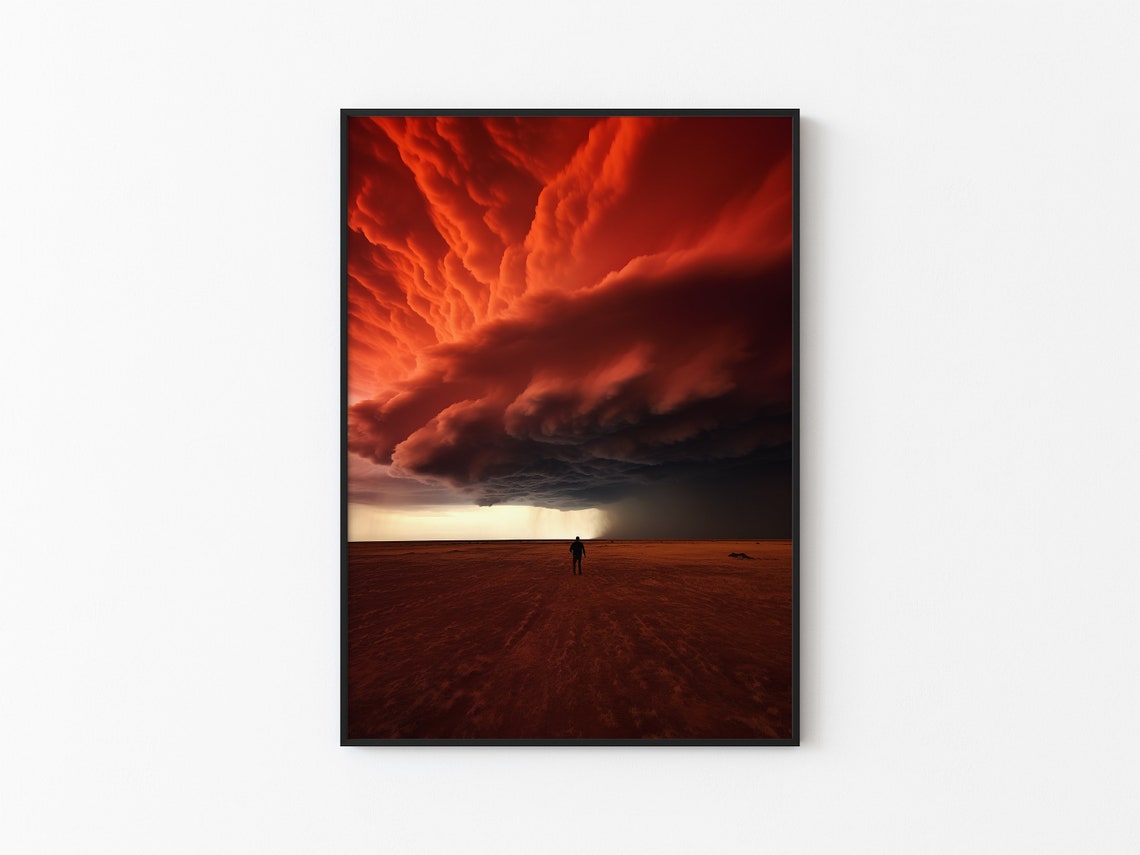 Lone Figure in Red Desert Under Vast Crimson Shelf Cloud Poster