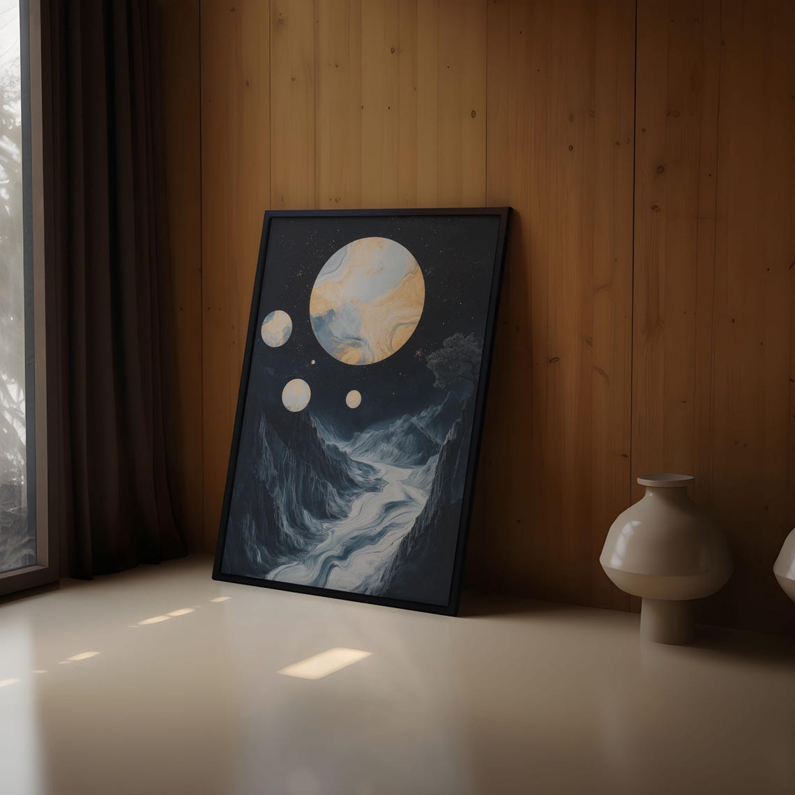 Golden Moon Cosmic Valley Night Mountain Landscape Fantasy Art Poster - Image 2