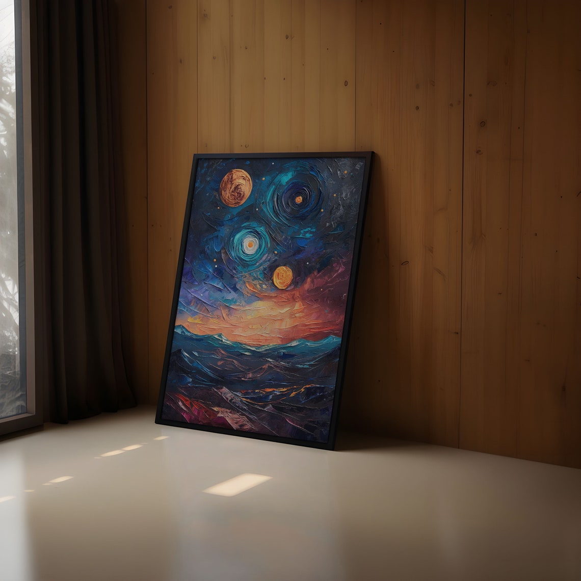 Starry Blue Sky Twin Spiral Galaxies Sunset Mountain Art Poster - Image 2