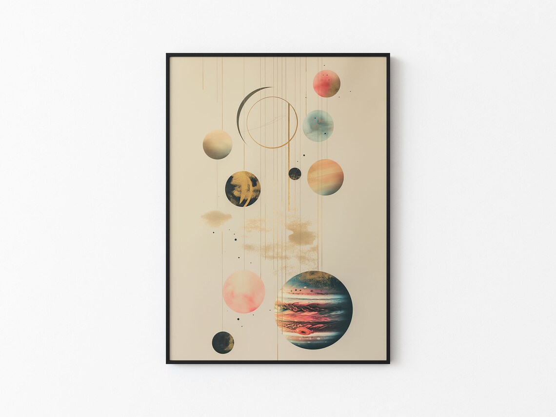 Watercolor Planets Pastel Moons Gold Lines Cream Cosmic Art Poster