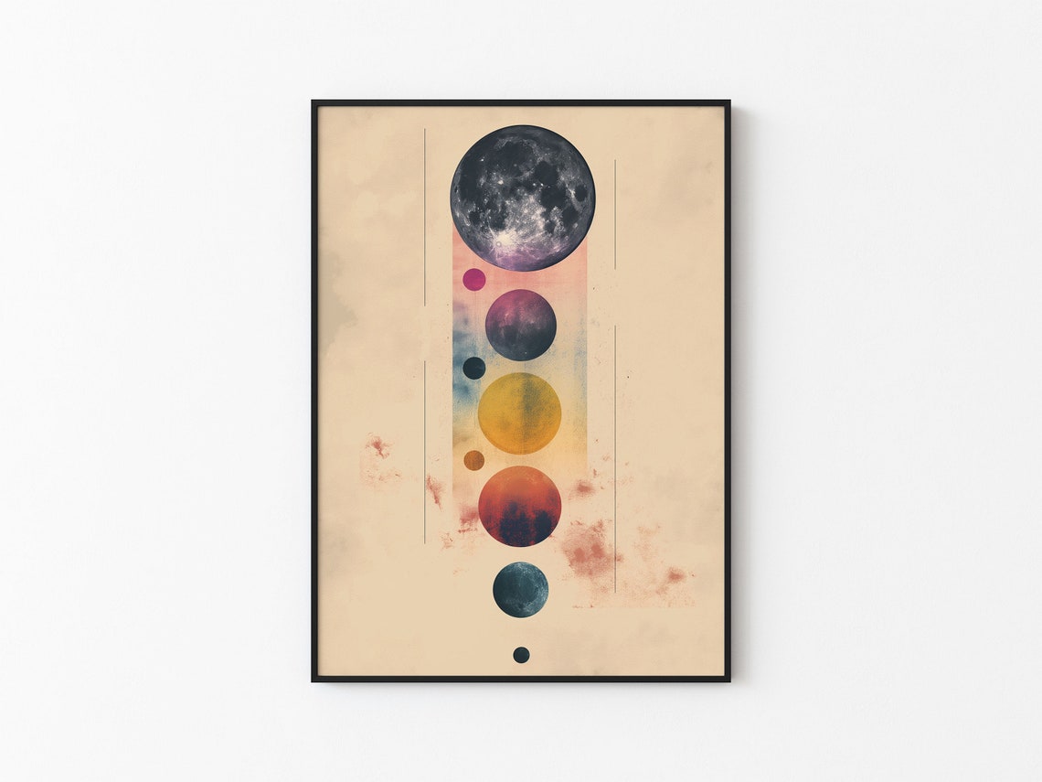 Detailed Moon Phase Watercolor Planet Column Beige Abstract Print