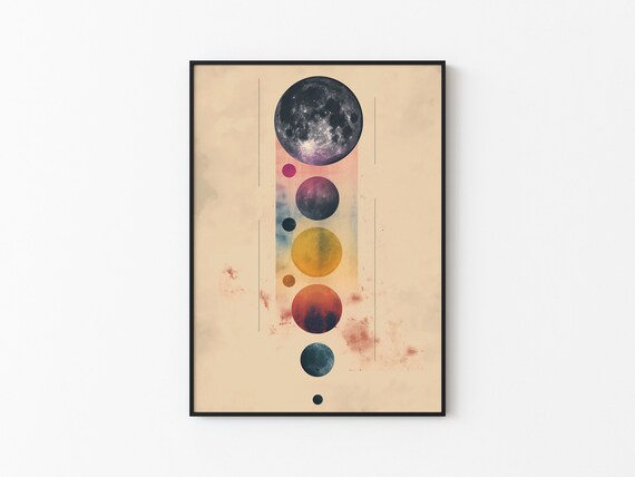 Detailed Moon Phase Watercolor Planet Column Beige Abstract Print