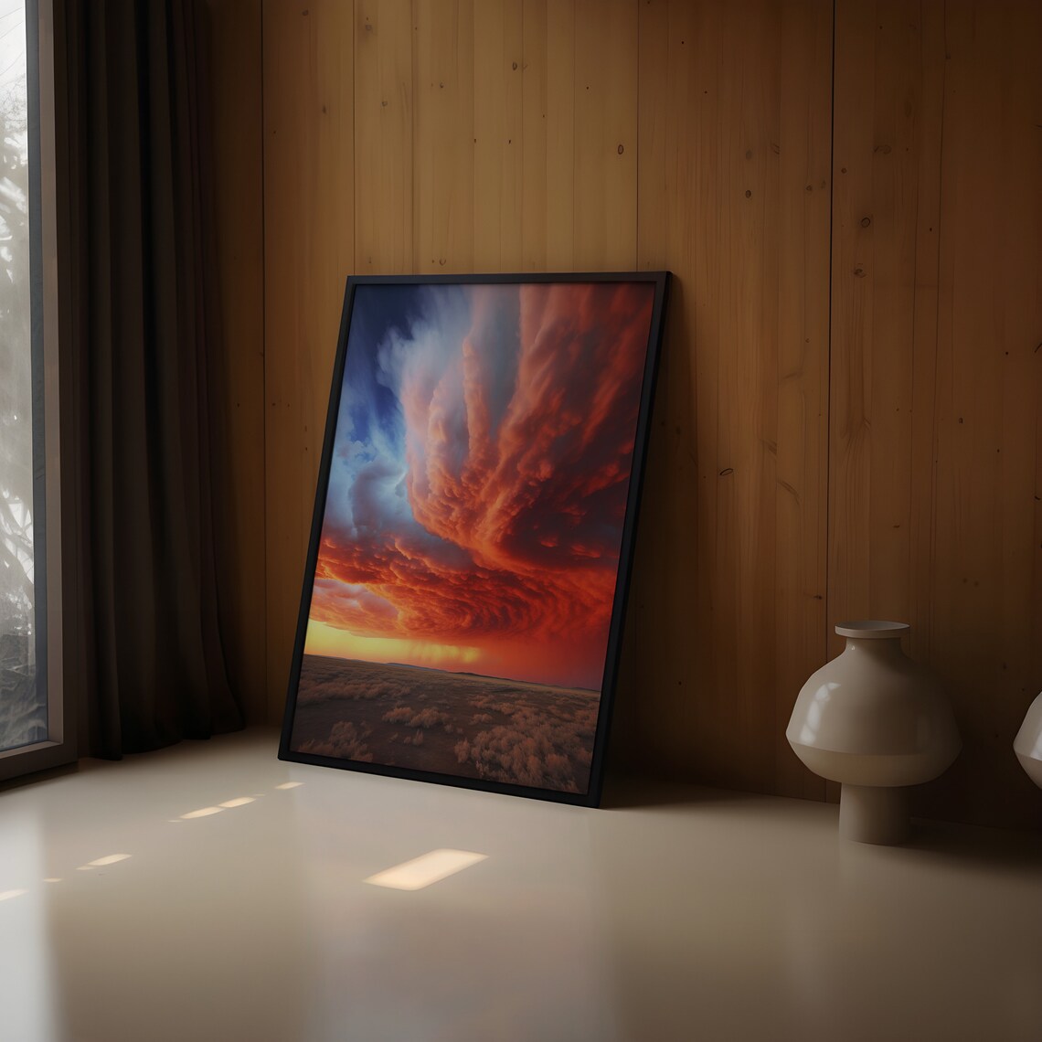 Blue and Crimson Storm Clouds Over Desert at Golden Light Poster - Image 2
