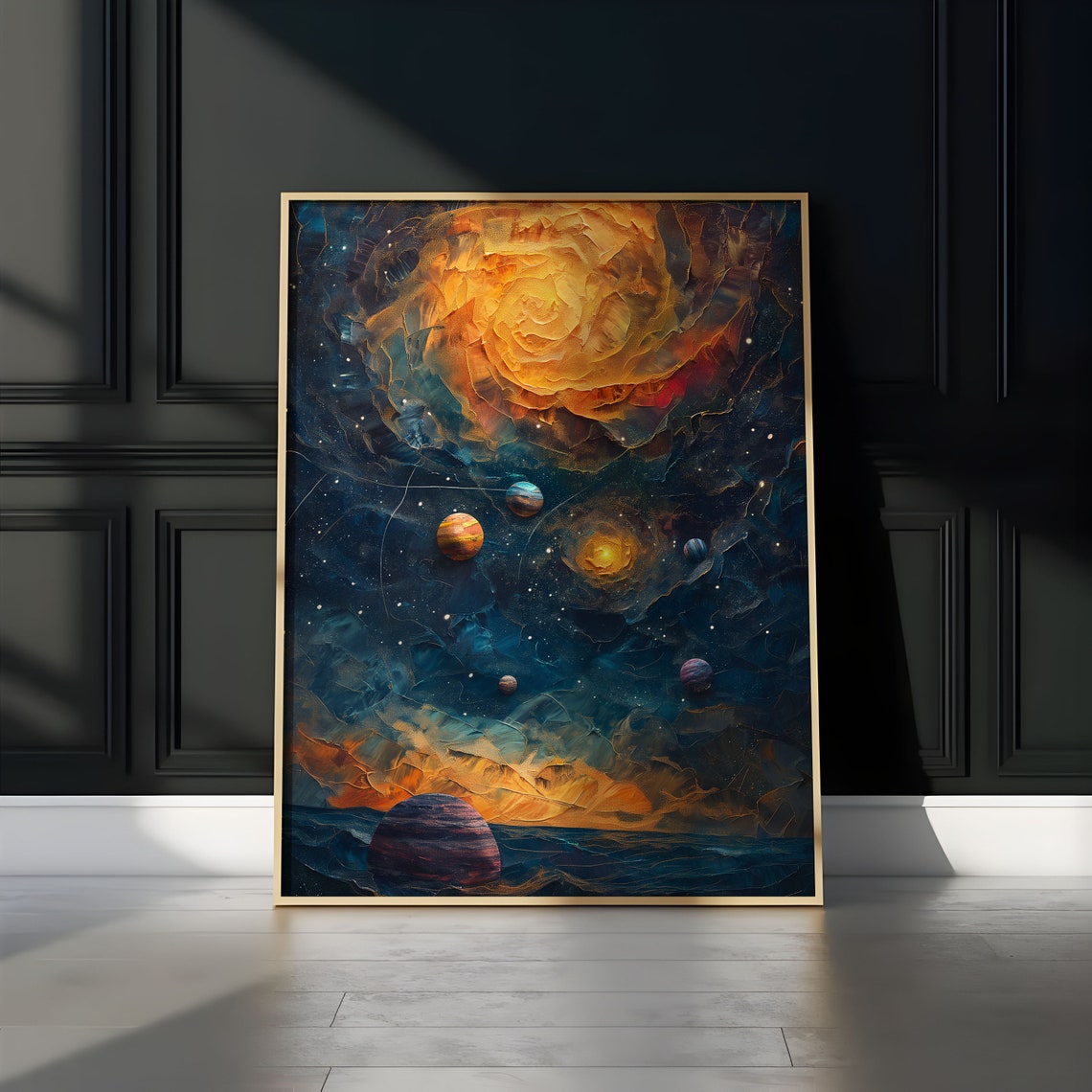Orange Spiral Sun Starry Sky Planets Impasto Cosmic Art Poster - Image 3
