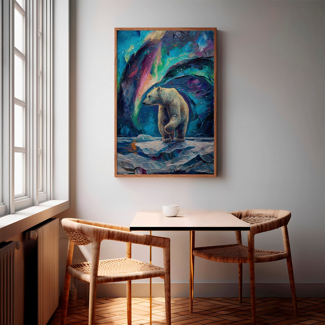 Polar Bear Crossing Ice Under Blue Green Aurora Arches Poster - Image 2