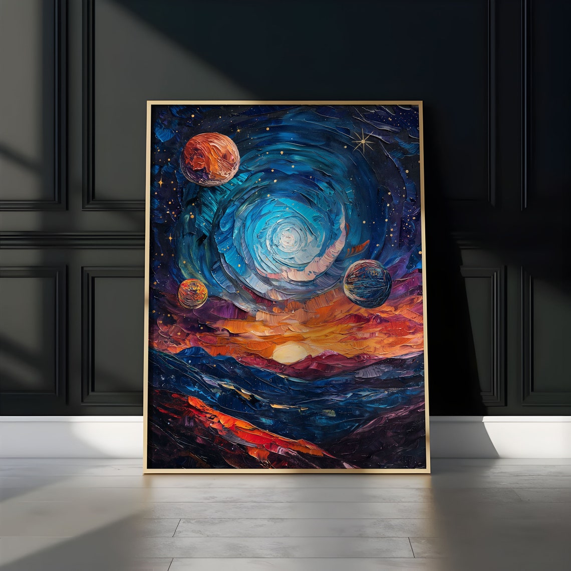 Blue Vortex Galaxy Three Planets Sunset Horizon Impasto Art Poster - Image 2
