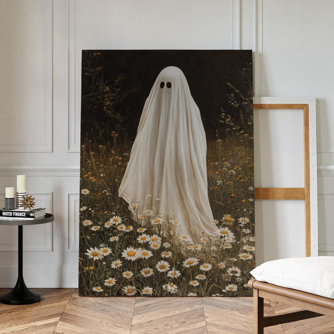 Cute Sheet Ghost In Daisy Meadow Moonlit Halloween Art Poster