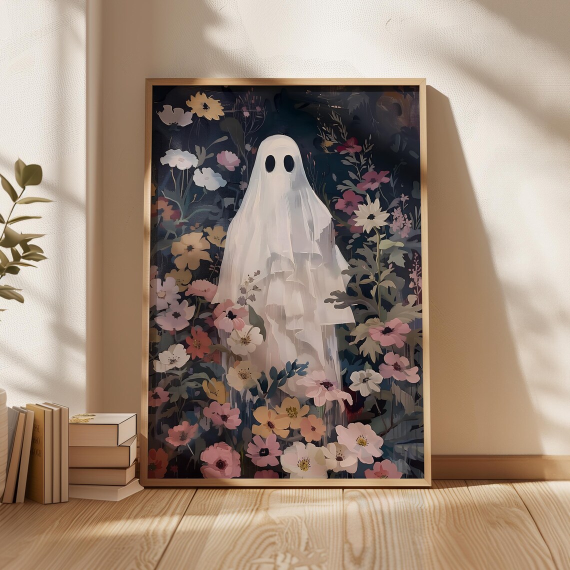Cute Ghost in Dark Flower Garden Painting Floral Halloween Wall Art Print - Image 4