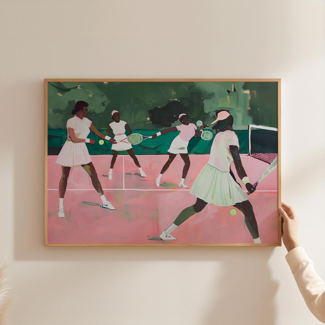 Tennis Doubles Match On Pink Court Girls Sports Painting Art Poster - Image 3
