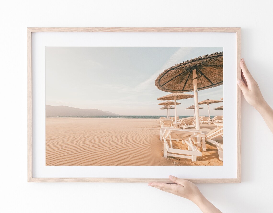 Greece Sandy Beach Straw Umbrellas Lounge Chairs Sea View Travel Poster - Image 2
