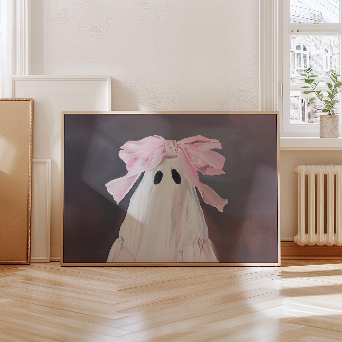 Pink Bow Ghost Painting Cute Spooky Sheet Ghost Pastel Halloween Art Print - Image 4