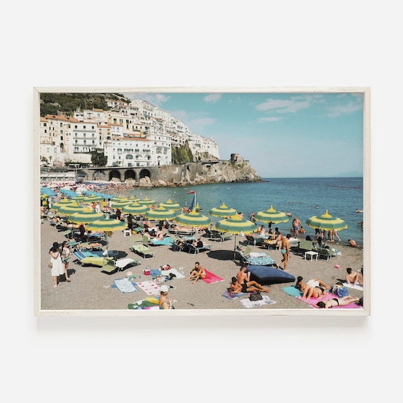 Positano Arienzo Beach Colorful Umbrellas Cliffside Town View Poster