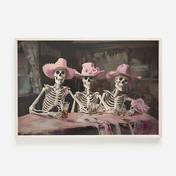 Three Cowgirl Skeletons Bar Scene Painting Pink Halloween Western Wall Art Print