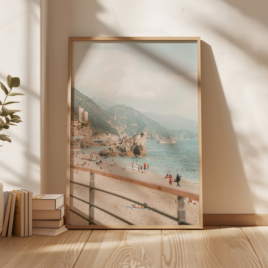 Italian Coastal Beach Sandy Shore Rocky Cliffs Summer Swimmers Poster - Image 4