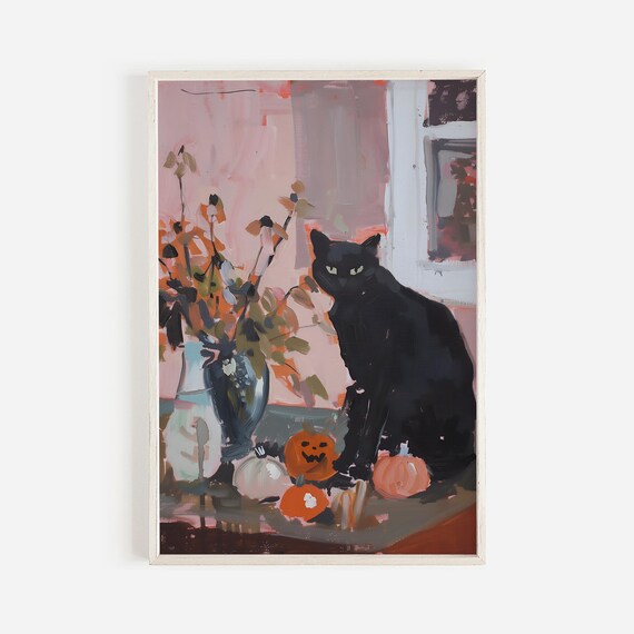 Vintage Black Cat Halloween Painting Pumpkins Fall Flowers Spooky Wall Art Print