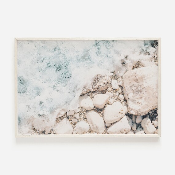Aerial Ocean Foam White Rocks Turquoise Shore Overhead Travel Poster