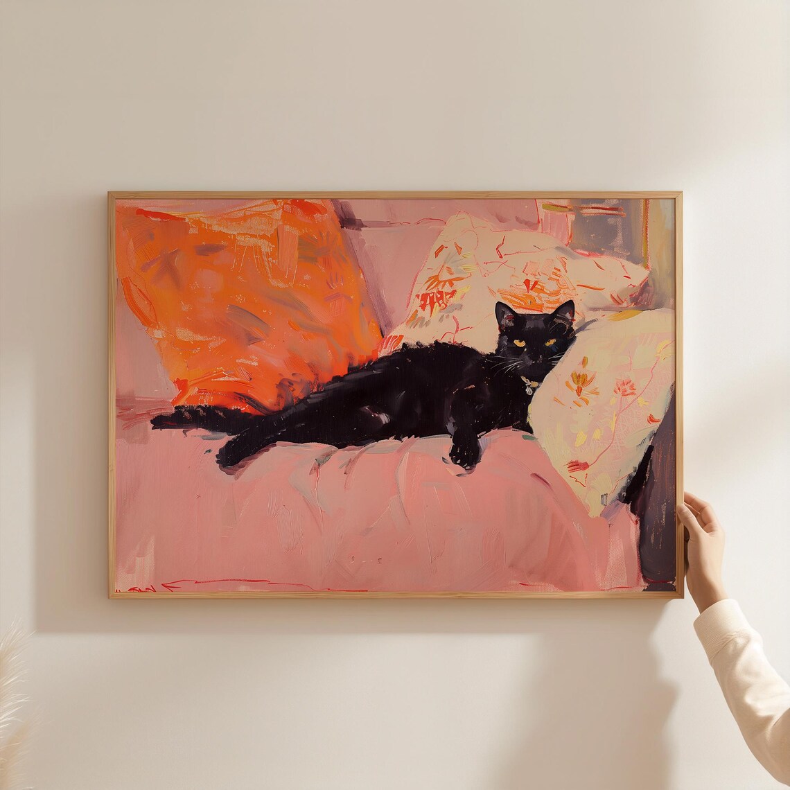 Black Cat Lounging On Pink Couch Painted Art For Cat Lover Decor Poster - Image 3