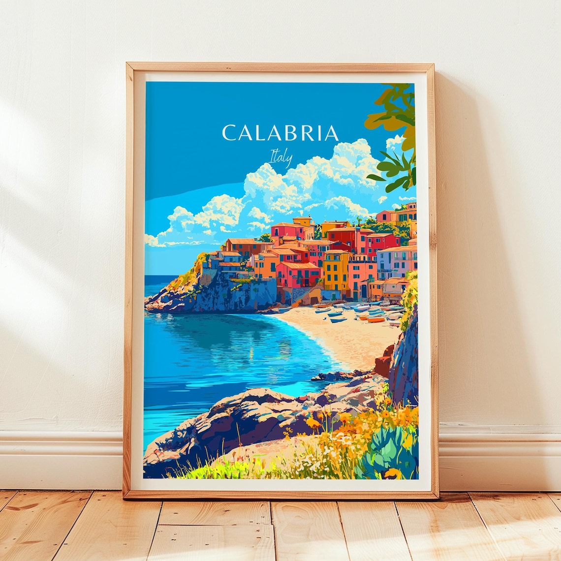 Calabria Italy Colorful Clifftop Village Fishing Boats Poster