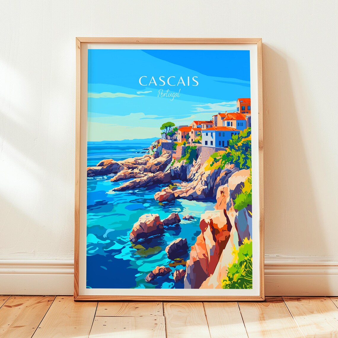 Cascais Portugal Cliffside Town Ocean Waves Vintage Travel Poster