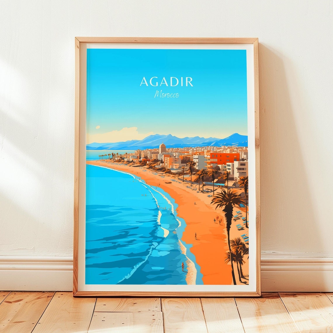 Agadir Morocco Beach Resort Bay Palm Trees Vintage Travel Poster