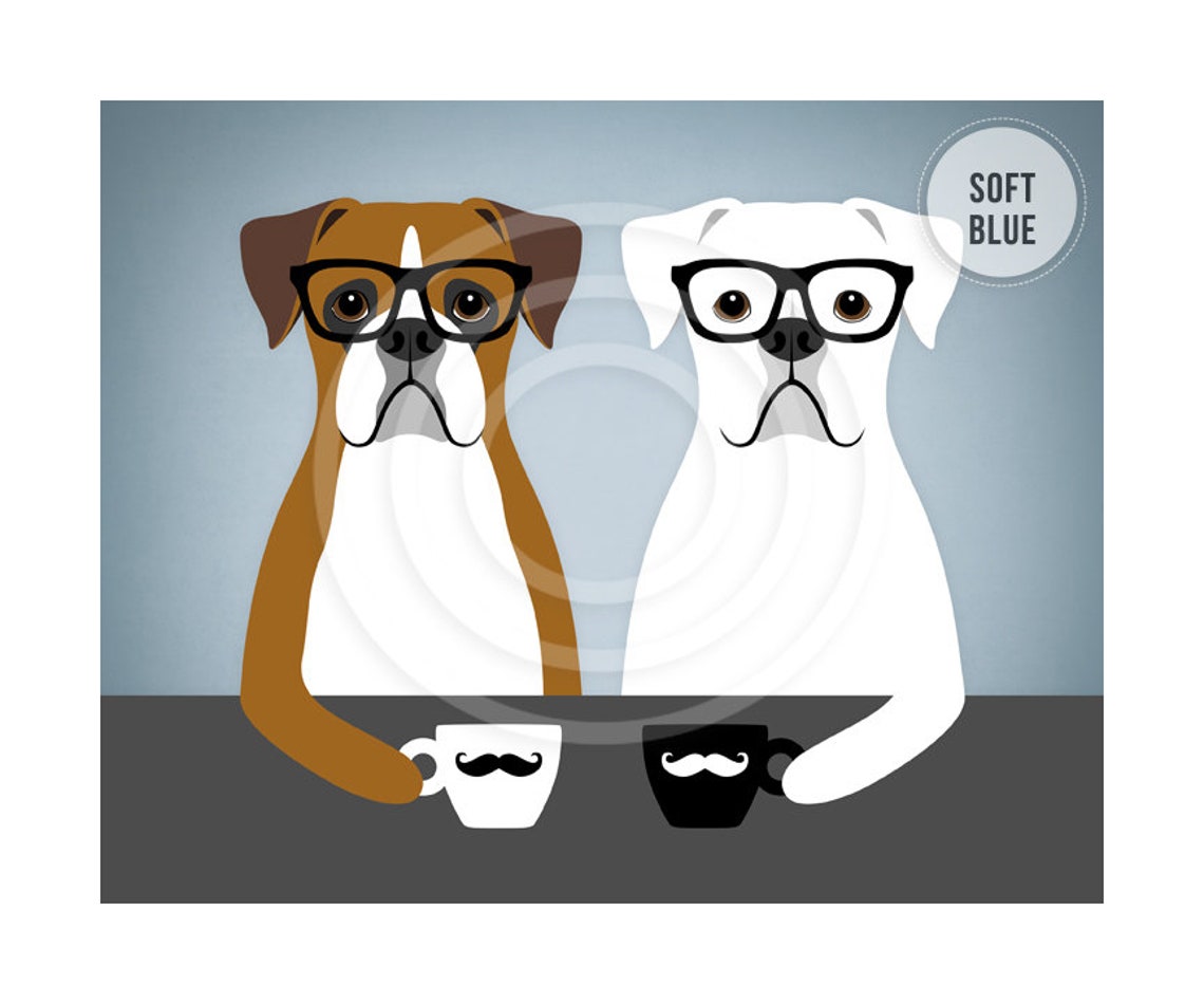 Two Hipster Boxer Dogs With Glasses Drinking Coffee Mugs Poster - Image 2