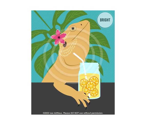 Bearded Dragon Drinking Tropical Lemonade Summer Wall Art Poster