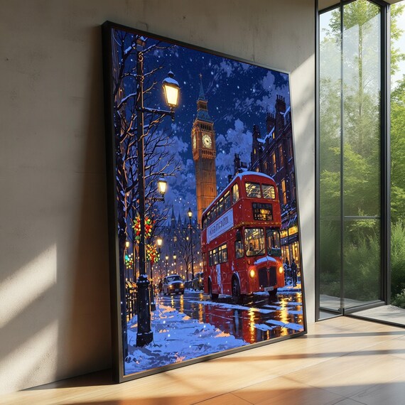 London Winter Night Scene Canvas Wall Art Red Double Decker Bus Big Ben Landmark Snowy Cityscape Urban Street Decor Holiday Season