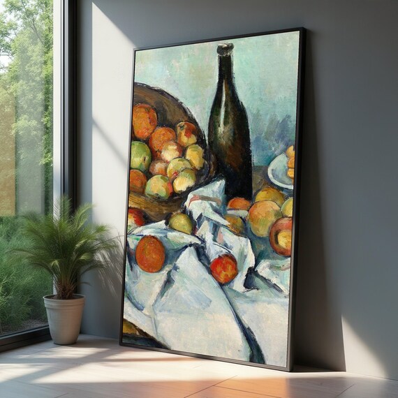 Classic Still Life Fruit Bowl Wine Bottle Vintage Oil Poster