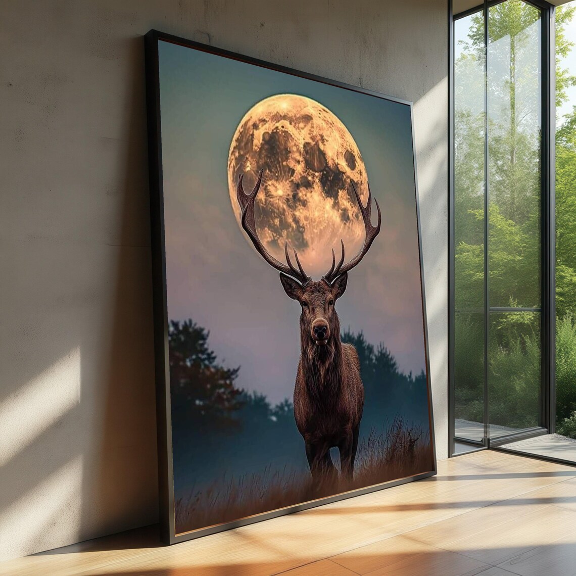 Majestic Deer With Full Moon, Nature Landscape Art Print