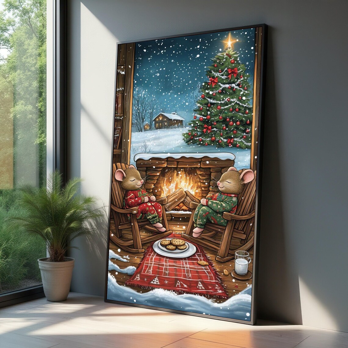 Cozy Christmas Mice by Fireplace, Holiday Art Print