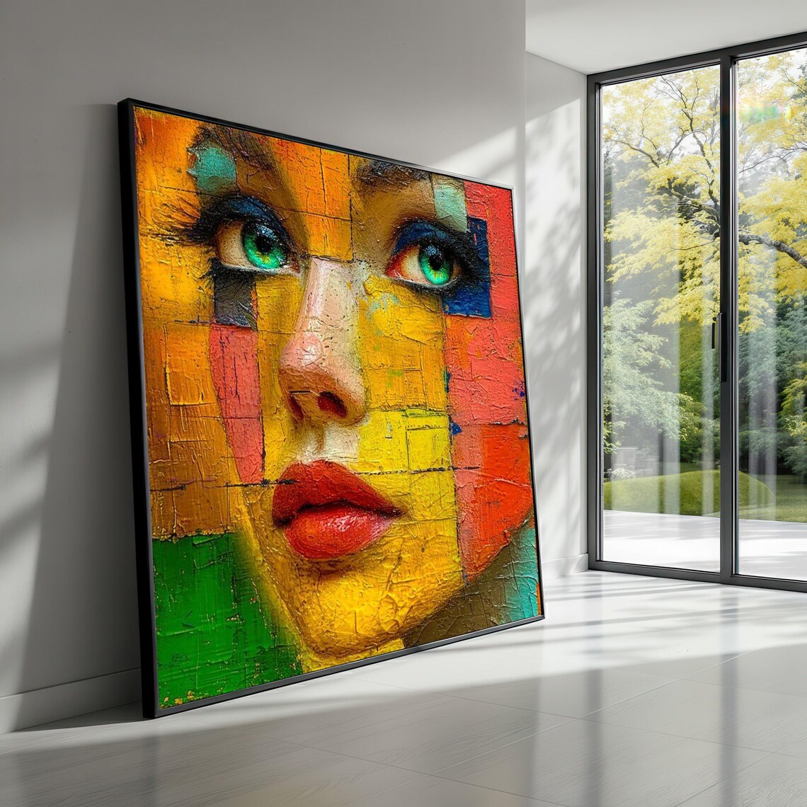 Vibrant Abstract Woman Face Colorful Mosaic Oil Portrait Wall Art