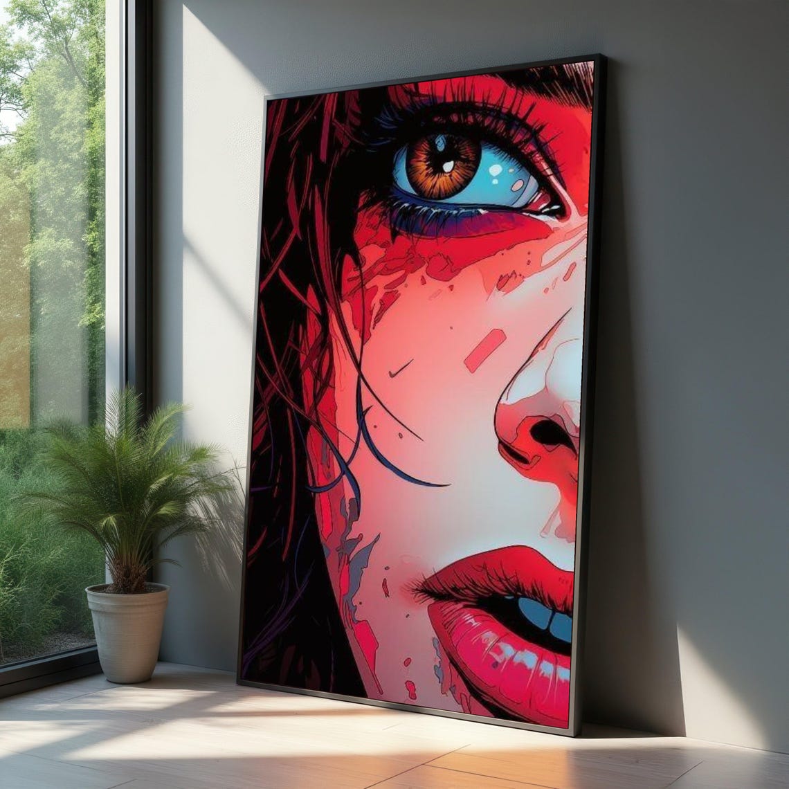 Neon Red Pop Art Woman Face Close Up Bold Modern Style Poster