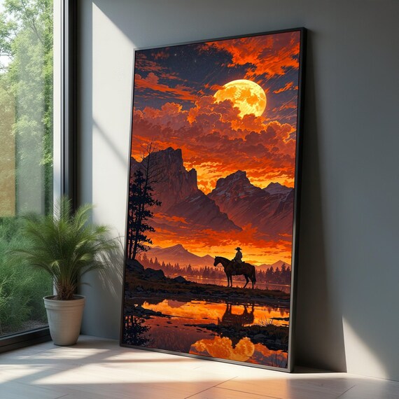 Majestic Cowboy Sunset Canvas Western Landscape Wall Art Mountain Silhouette Full Moon Sky Decoration Rustic Home