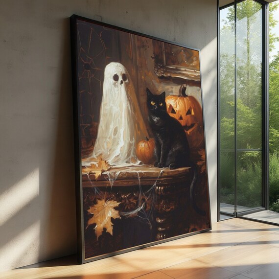 Halloween Black Cat With Jackolantern And Canvas Spooky Autumn Wall Art Decoration Fall Seasonal
