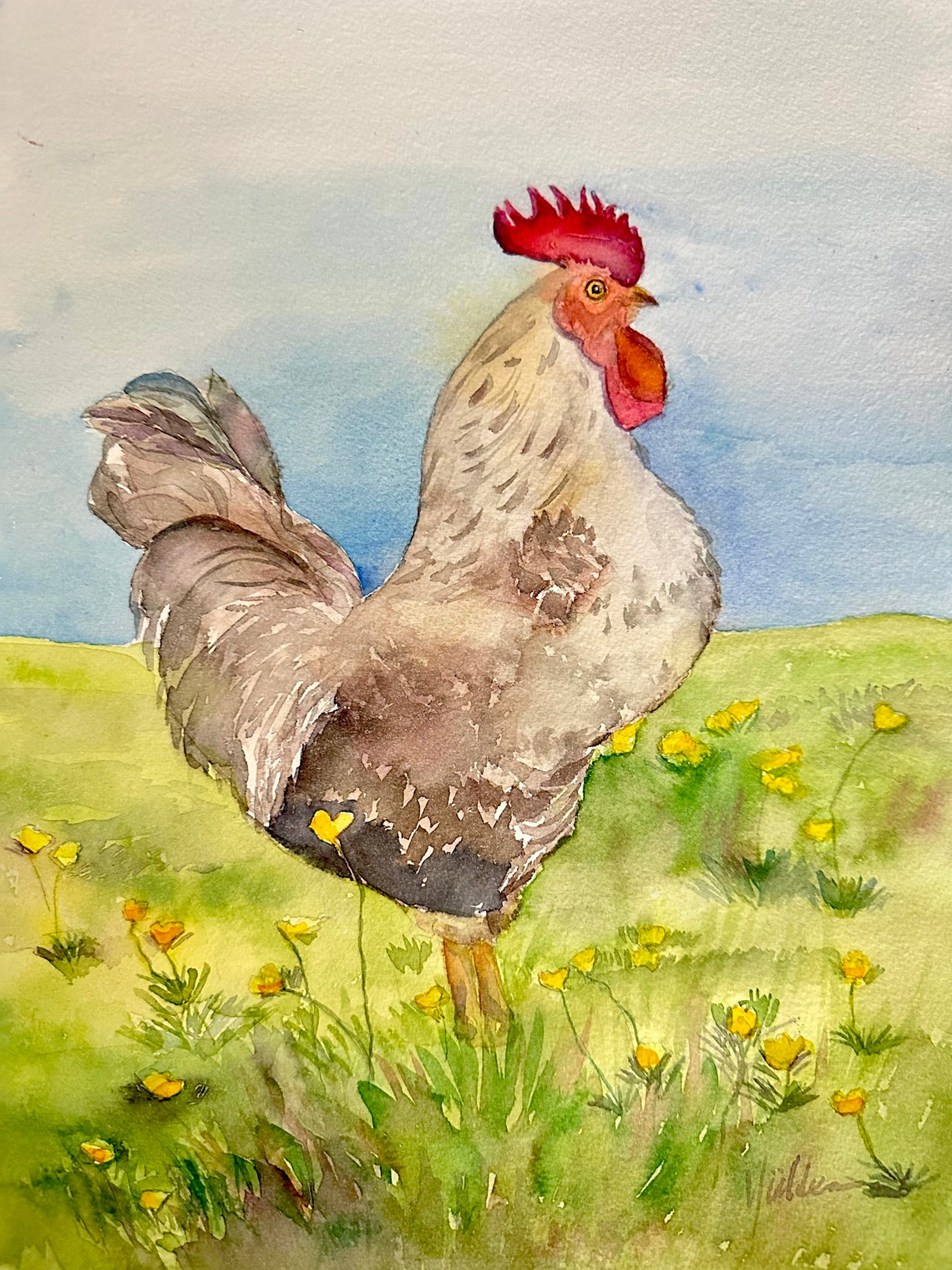 Proud Rooster in a Sunlit Wildflower Meadow Watercolor Poster - Image 4