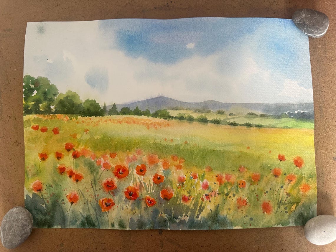 Poppy Meadow with Rolling Hills and Blue Sky Watercolor Poster - Image 4