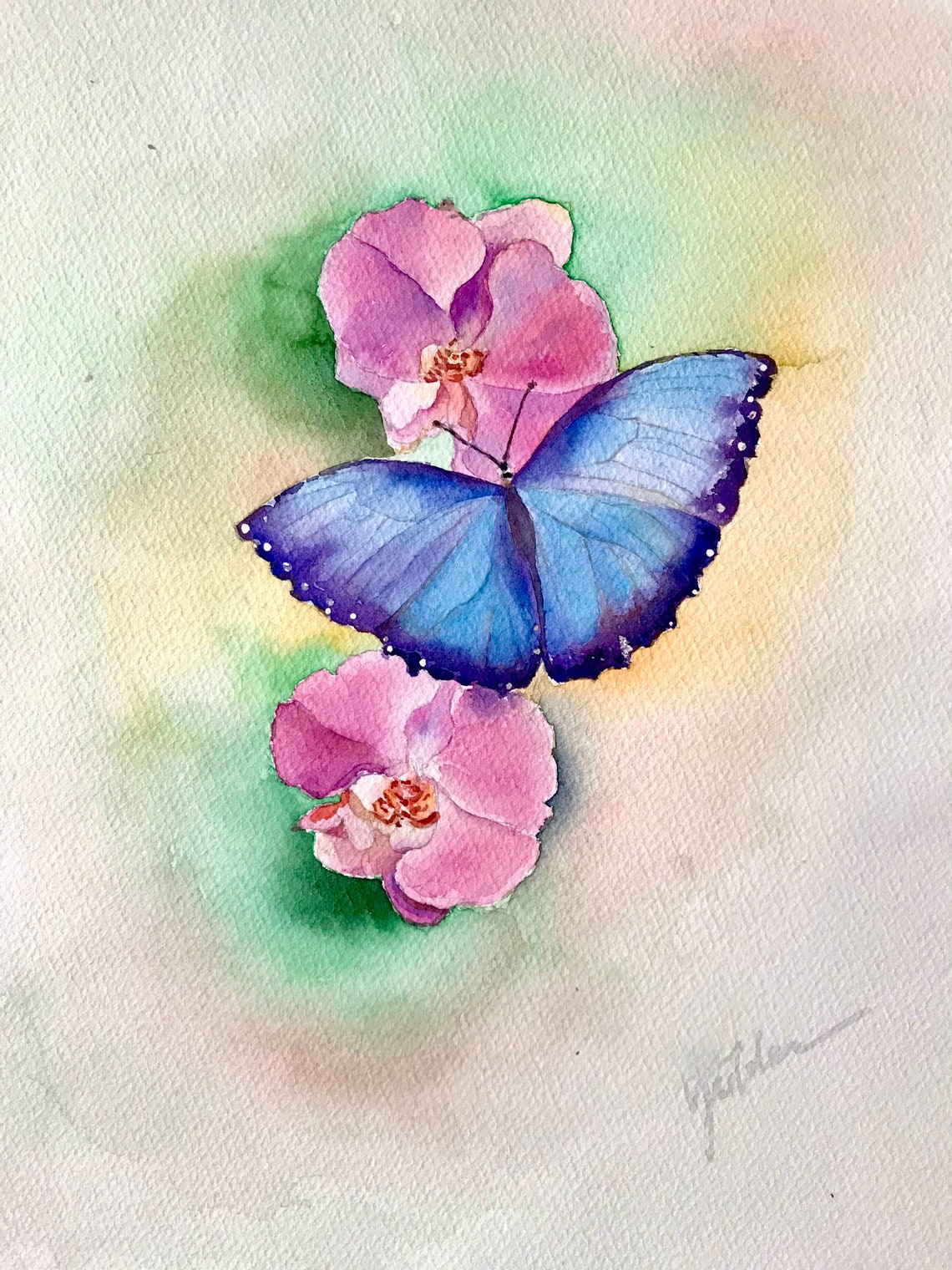 Vivid Blue Butterfly Resting on Pink Orchids Watercolor Poster - Image 3