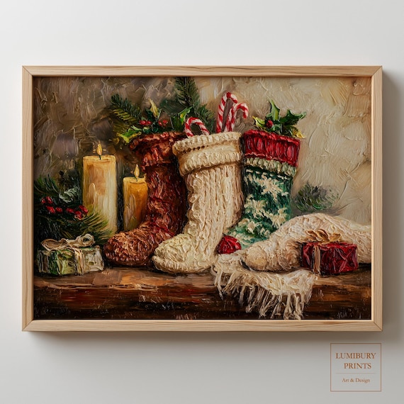 Rustic Christmas Stockings with Candles and Gifts Oil Painting Poster