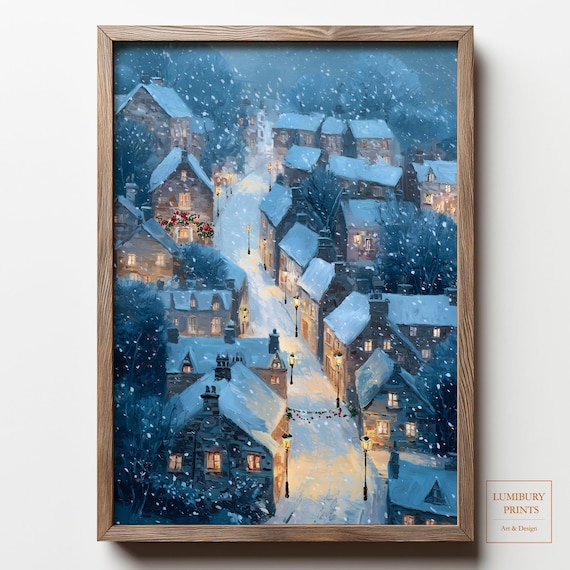 Snowy Village Night Lamplit Street Falling Snow Winter Poster