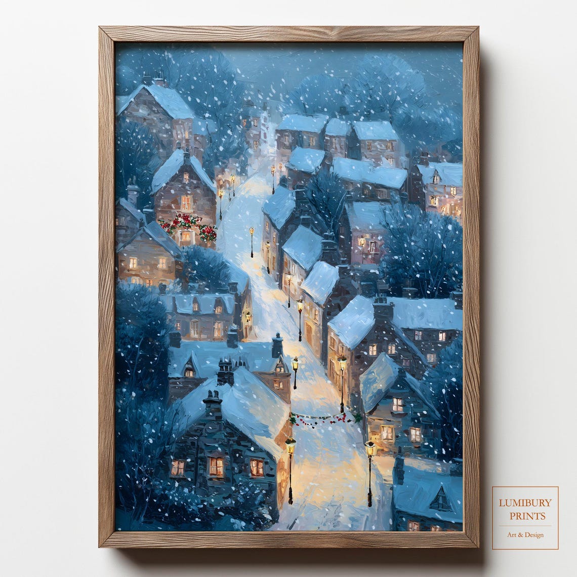 Snowy Village Night Lamplit Street Falling Snow Winter Poster