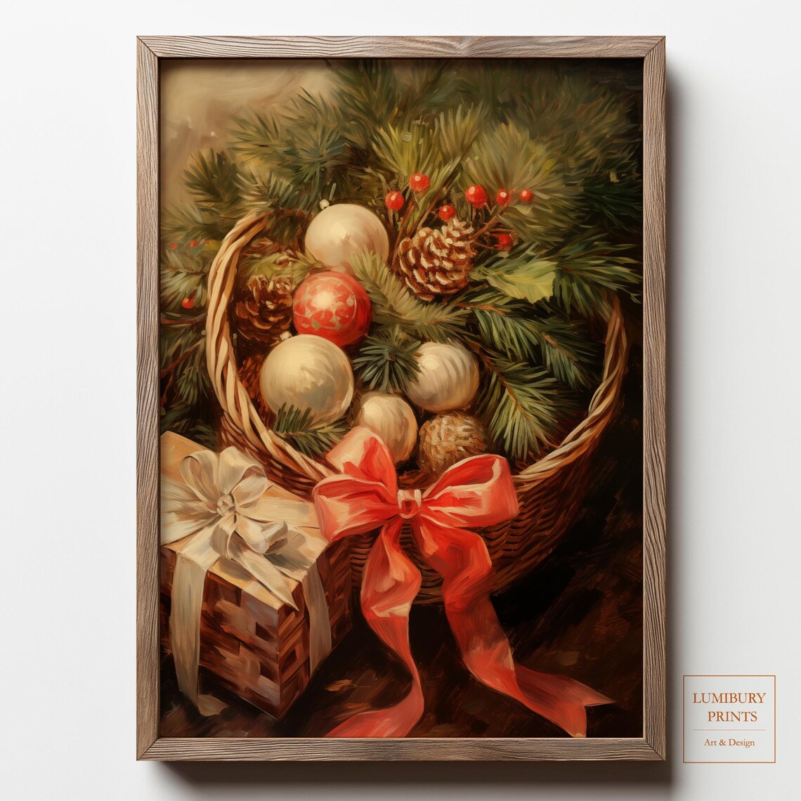Vintage Christmas Basket Ornaments Pine Holiday Still Life Poster