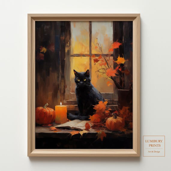 Halloween Black Cat Wall Art Pumpkin Print Candle Poster Cozy Decor Vintage Instant