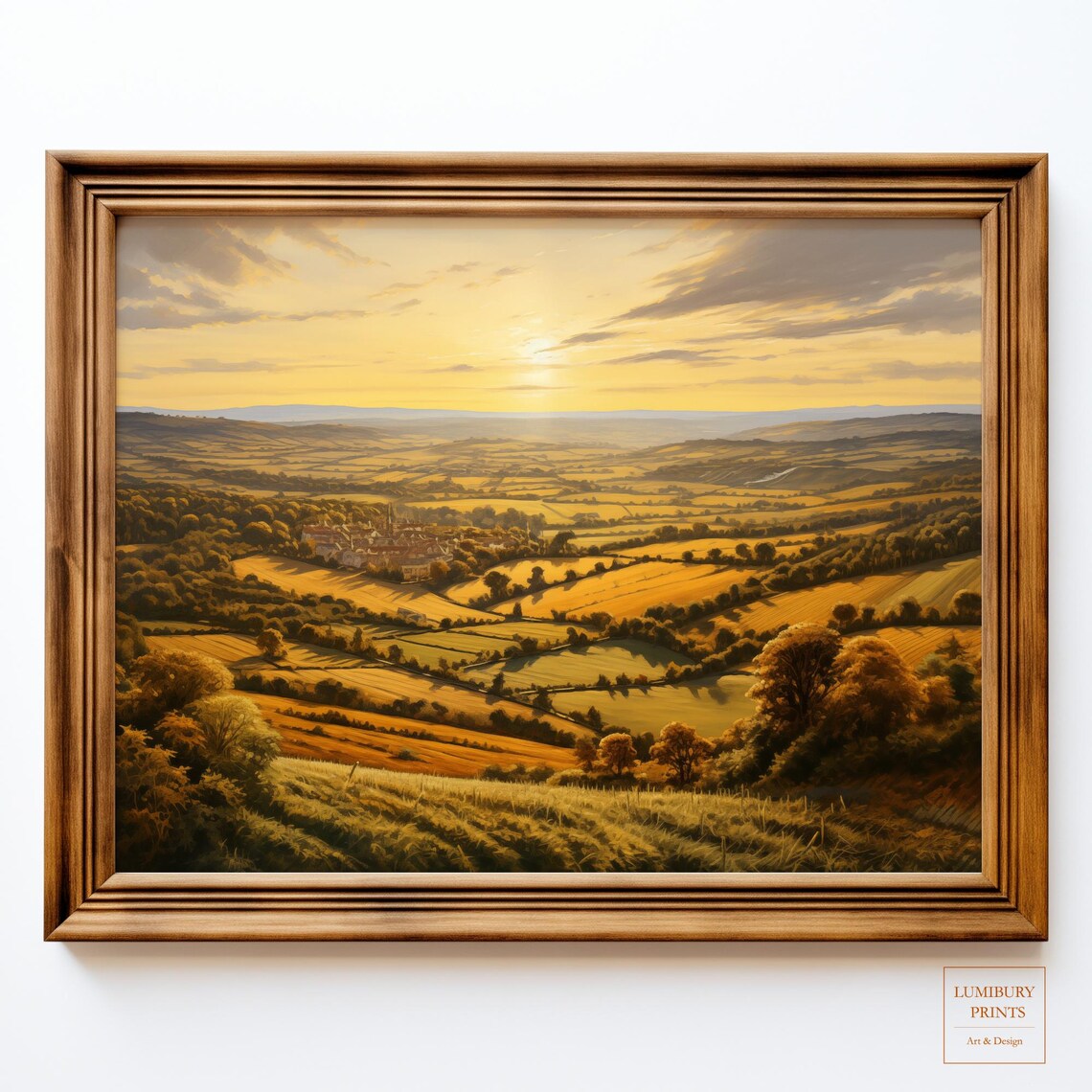 Golden Sunset Patchwork Hills Warm Horizon Countryside Painting Poster