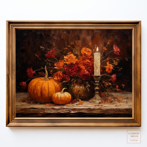 Vintage Halloween Art Wall Autumn Floral Print Pumpkin Farmhouse Fall Decor Instant