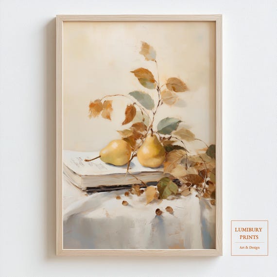 Pear Wall Art Autumn Fruit Still Life Painting Botanical Kitchen Decor Vintage Fall Cozy Farmhouse Instant
